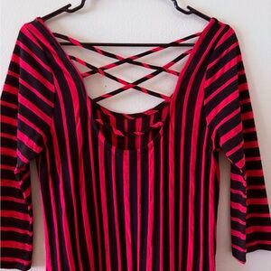 Charlotte Russe Striped Dark Pink and Black Crisscross Back Dress L